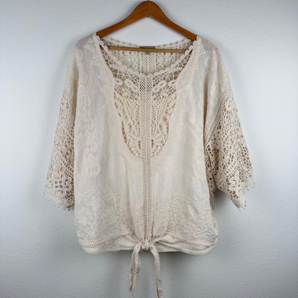 Democracy Blouse Womens XL Ivory Excellent Boho Crochet Lace Tie Front Top